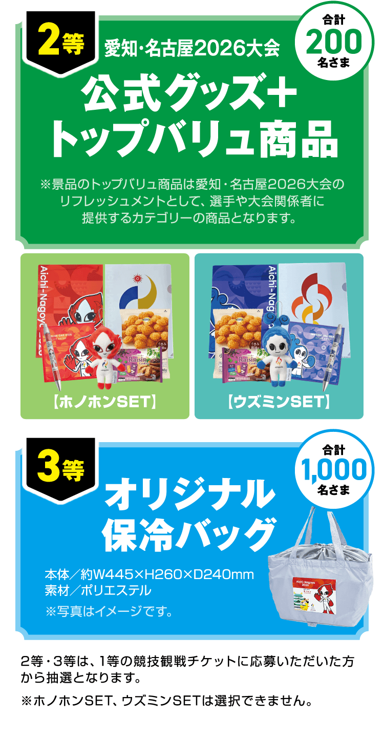 2等【合計200名さま】愛知・名古屋２０２６大会公式グッズ＋トップバリュ商品　3等【合計1000名さま】オリジナル保冷バッグ