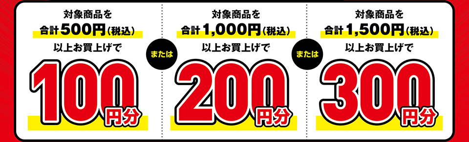 対象商品を合計500円（税込）以上お買上げで100円分または対象商品を合計1,000円（税込）以上お買上げで200円分または対象商品を合計1,500円（税込）以上お買上げで300円分