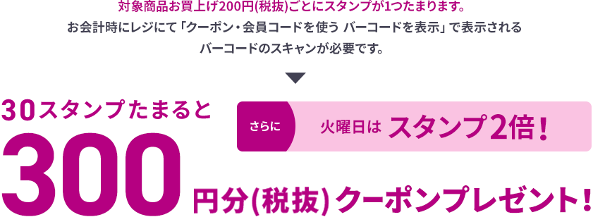 対象商品お買上げ200円(税抜)ごとにスタンプが1つたまります。お会計時にレジにて「クーポン・会員コードを使う バーコードを表示」で表示されるバーコードのスキャンが必要です。30スタンプたまると300円分(税抜)クーポンプレゼント！さらに火曜日はスタンプ2倍！