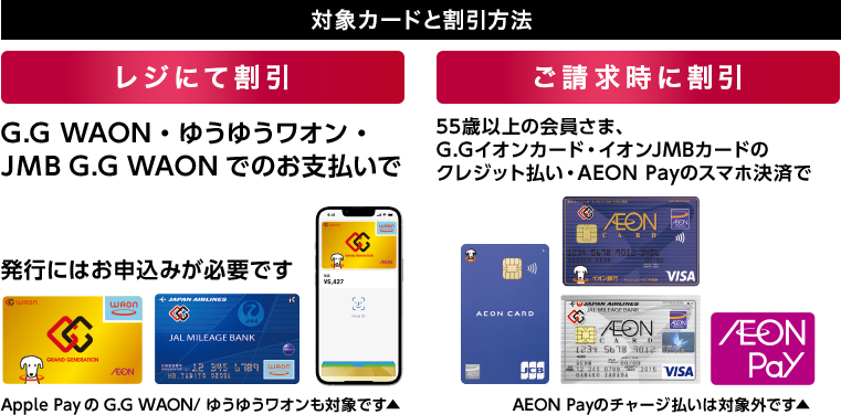 対象カードと割引方法 G.G WAON・ゆうゆうワオン・JMB G.G WAONでのお支払いでレジにて5%OFF ※Apple PayのGG WAON / ゆうゆうワオンも対象です。 55歳以上の会員さま、G.Gイオンカード・イオンJMBカードのクレジット払い・AEON Payのスマホ決済でご請求時に5%OFF※AEON Payのチャージ払いは対象外です。