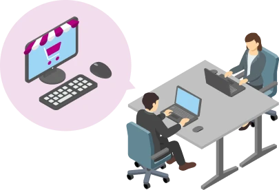 パソコンでECサイト運営サポートをするスタッフのイラスト