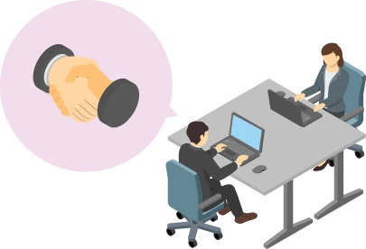 パソコンで契約関連のサポートをするスタッフのイラスト