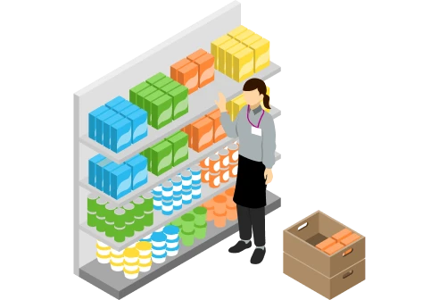 商品棚で品出しや補充、陳列をするスタッフのイラスト